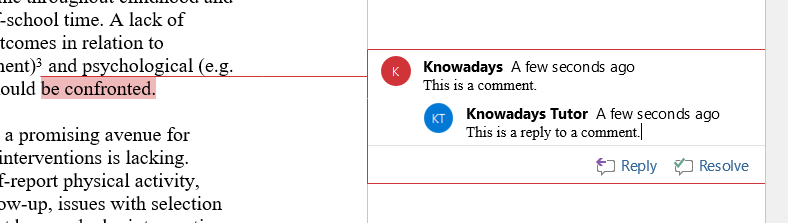 A comment and a reply to a comment in a Microsoft Word document.