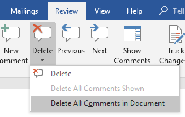 The comment deletion options on the main toolbar in Microsoft Word.