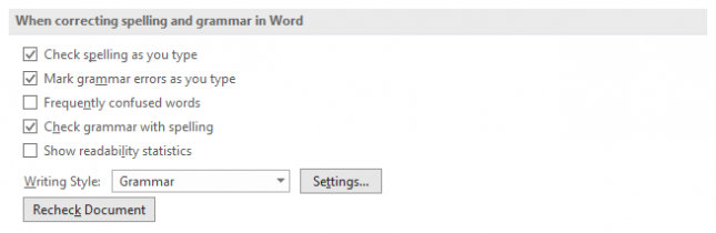 Proofing Options for Word