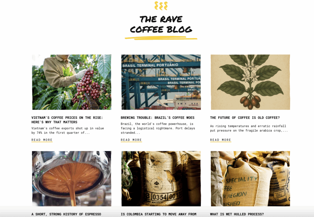 Screenshot of the RAVE Coffee blog homepage displaying articles on coffee sourcing and sustainability, including images of coffee plants and beans.