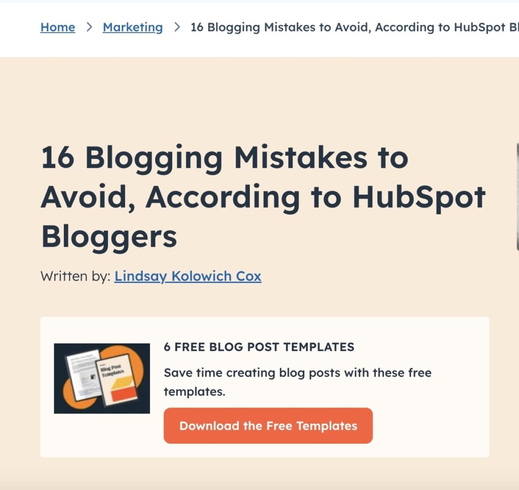 Screenshot of a HubSpot blog post titled “16 Blogging Mistakes to Avoid, According to HubSpot Bloggers,” showing the article title and introduction text on the HubSpot website.