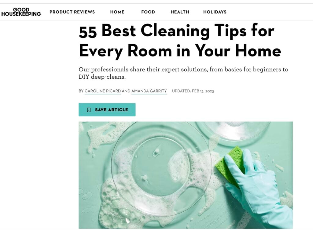 Screenshot of a Good Housekeeping article titled “55 Best Cleaning Tips for Every Room in Your Home,” featuring the headline and a featured image of cleaning supplies.