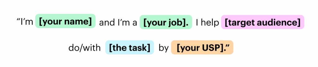 Elevator pitch template with placeholders: I’m [your name] and I’m a [your job]. I help [target audience] do/with [the task] by [your USP].