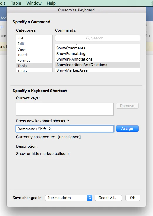 A screenshot showing the menu for creating a custom shortcut in Word for Mac