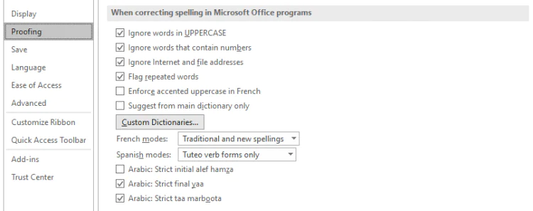 Microsoft Office Proofing Options