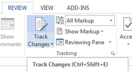 The Track Changes tool on the ribbon in Microsoft Word.
